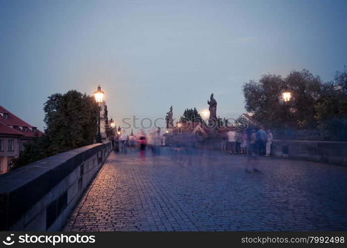 Charles Bridge at dusk, Prague, Czech Republic