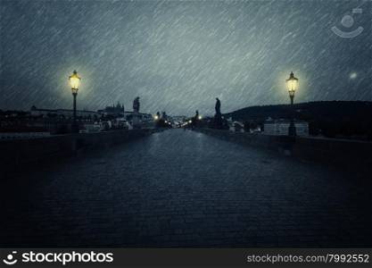 Charles Bridge at rainy night, Prague, Czech Republic