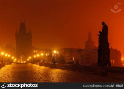 Charles Bridge in Prague (Czech Republic) at night lighting. Long exposure.