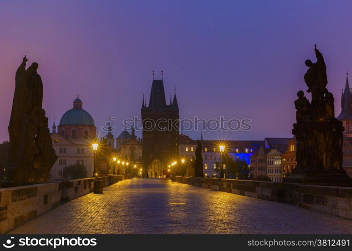 Charles Bridge in Prague (Czech Republic) at night lighting. Long exposure.