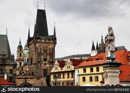 Charles bridge statues and cityscape of Prague, Chech republic