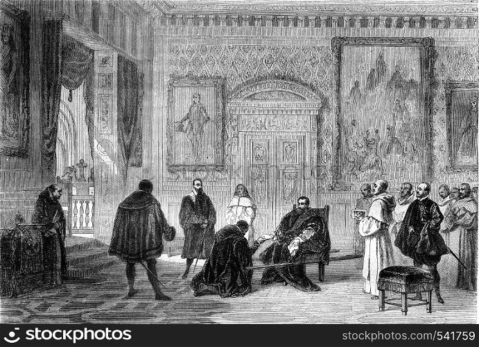 Charles V at the Monastery of Yuste, vintage engraved illustration. Magasin Pittoresque 1858.