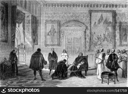Charles V at the Monastery of Yuste, vintage engraved illustration. Magasin Pittoresque 1858.