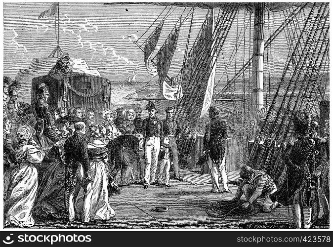 Charles X sailed from Cherbourg, vintage engraved illustration. History of France ? 1885.