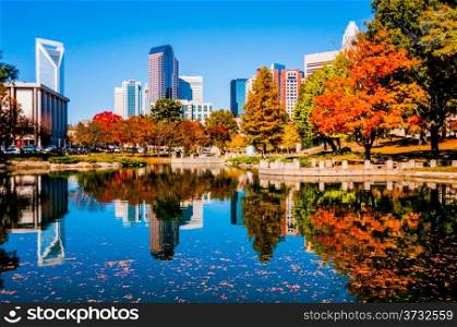 charlotte city skyline autumn season with blue sky