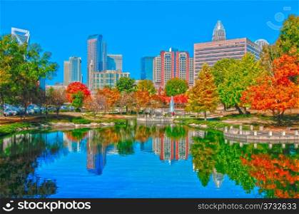 charlotte city skyline autumn season with blue sky