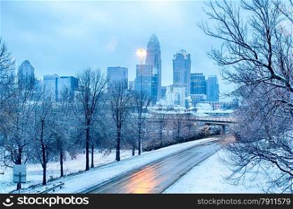 charlotte north carolina city after snowstorm and ice rain
