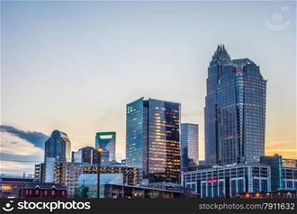 charlotte skyline at dawn hours on a spring evening