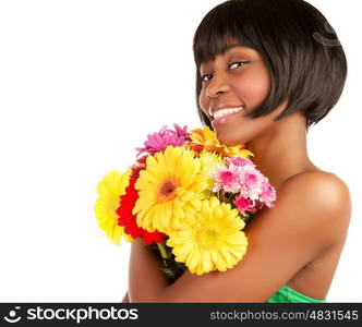 Charming African girl with fresh flowers bunch isolated on white background, studio shot, copy space