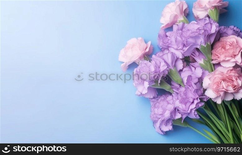 Charming bouquet of pink and purple carnations against a serene blue background. AI Generative. Charming bouquet of pink and purple carnations against. AI Generative