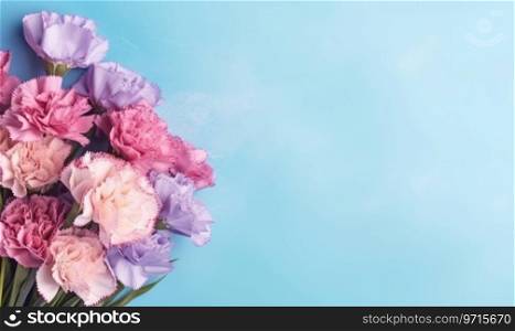 Charming bouquet of pink and purple carnations against a serene blue background. AI Generative. Charming bouquet of pink and purple carnations against. AI Generative