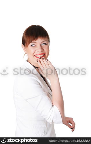 charming brunette business woman in a white jacket with black beads