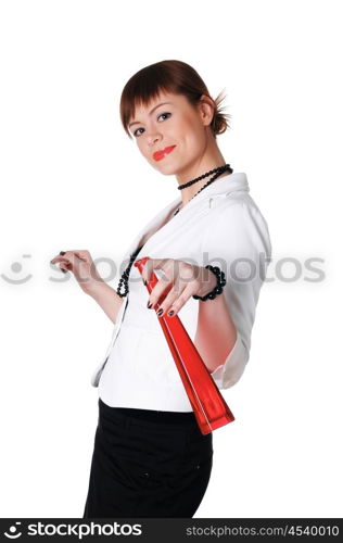 charming brunette business woman in a white jacket with black beads