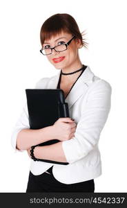 charming brunette business woman in a white jacket with black beads