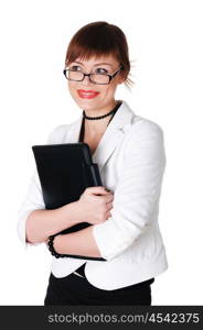 charming brunette business woman in a white jacket with black beads