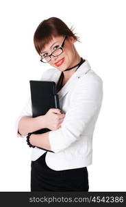 charming brunette business woman in a white jacket with black beads