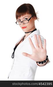 charming brunette business woman in a white jacket with black beads