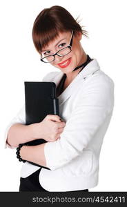 charming brunette business woman in a white jacket with black beads