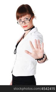 charming brunette business woman in a white jacket with black beads