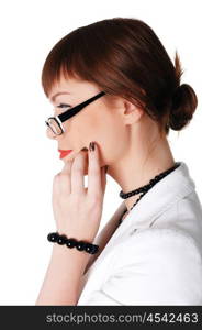 charming brunette business woman in a white jacket with black beads