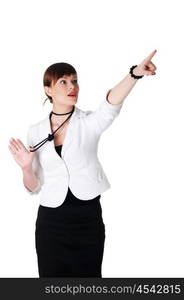 charming brunette business woman in a white jacket with black beads