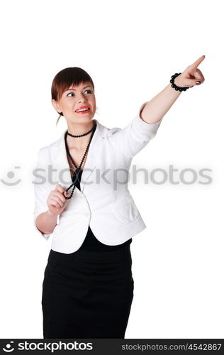 charming brunette business woman in a white jacket with black beads