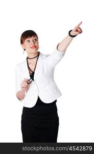 charming brunette business woman in a white jacket with black beads