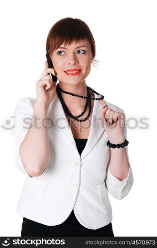 charming brunette business woman in a white jacket with black beads