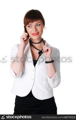 charming brunette business woman in a white jacket with black beads