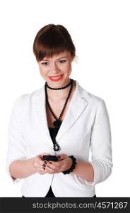 charming brunette business woman in a white jacket with black beads