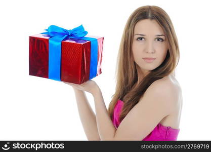 Charming brunette with a gift. Isolated on white background