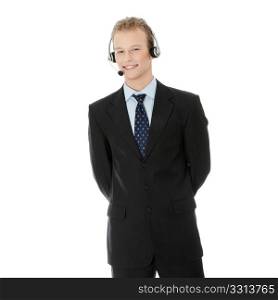 Charming customer service representative with headset on isolated on white background