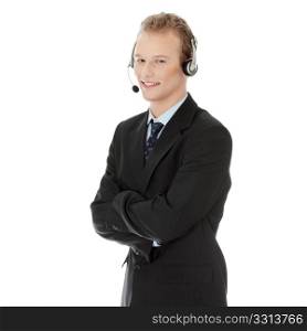 Charming customer service representative with headset on isolated on white background