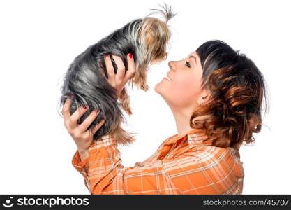 charming girl and her favorite puppy on a white background
