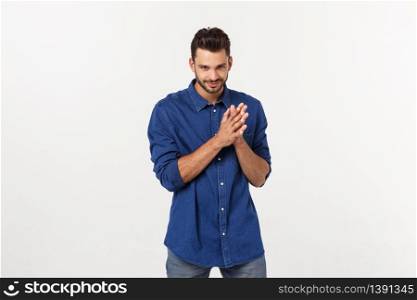 Charming handsome. Handsome young man in casual wear while standing isolated on white background.. Charming handsome. Handsome young man in casual wear while standing isolated on white background