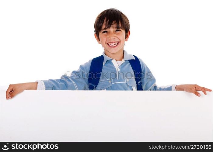 Charming kid holding blank board on isolated white background
