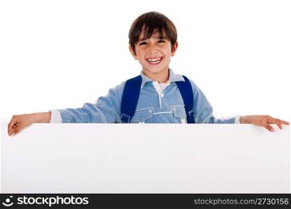 Charming kid holding blank board on isolated white background