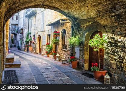 Charming old medieval villages of Italy with typical floral narrow streets. Assisi , Umbria. typical floral streets of Italian medieval towns. Assisi