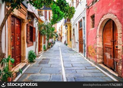 charming old streets of Rethymnon town, Crete island, Greece