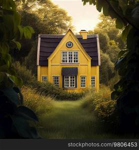 Charming yellow house with wooden windows and green grass. Illustration AI Generative 