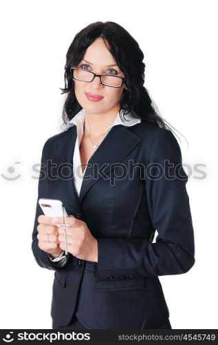 charming young business woman in a business suit calls on his cell phone