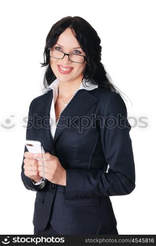 charming young business woman in a business suit calls on his cell phone