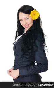charming young business woman with a yellow flower in the hands
