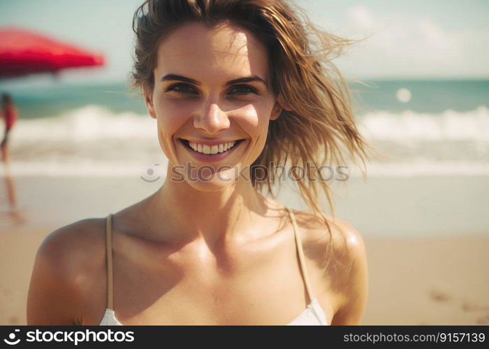 Charming young happy woman at the beach looking at camera. Holidays concept by generative AI