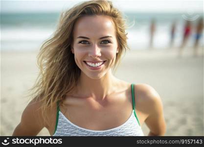 Charming young happy woman at the beach looking at camera. Holidays concept by generative AI