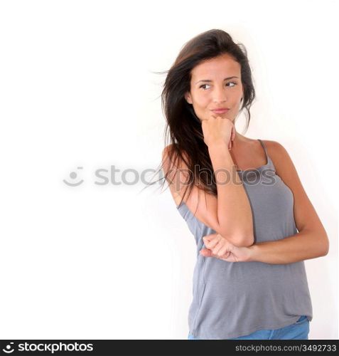 Charming young woman standing on white background, isolated