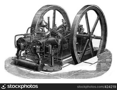 Charon engine with two cylinders, vintage engraved illustration. Industrial encyclopedia E.-O. Lami - 1875.