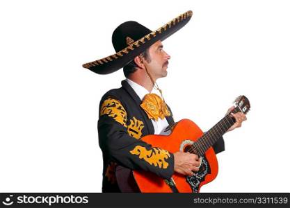 Charro mexican Mariachi playing guitar isolated on white