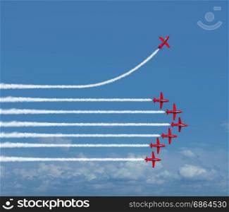 Charting a different path business concept as an independent free thinker idea with air show jet airplanes in an organized formation with one individual plane setting a new course with 3D illustration elements.