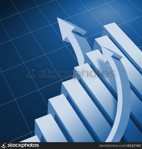 Charts and upward directed arrows against blue background